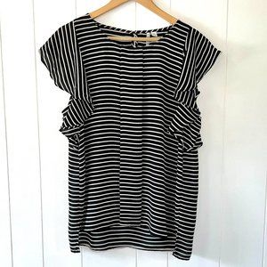 Elle Black/White Striped Ruffle Sleeve Blouse - NWOT